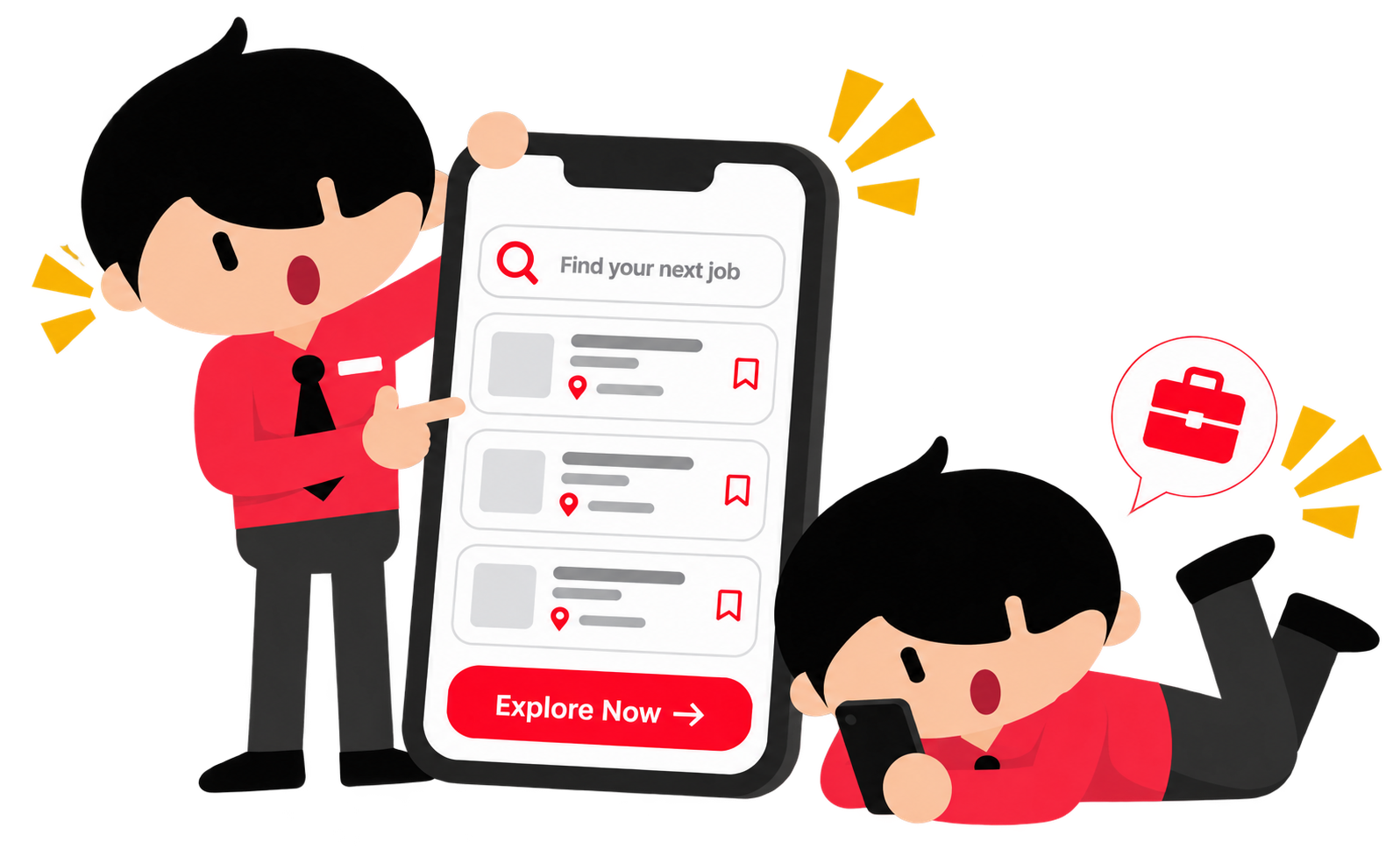 Illustration of two people using the Maukerja app to search and apply for jobs