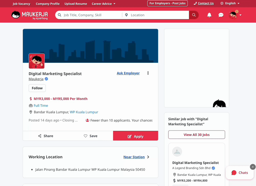 Animated walkthrough of reporting a job ad on Maukerja: open the job ad, tap the three-dot menu, select Report This Job, then follow the instructions