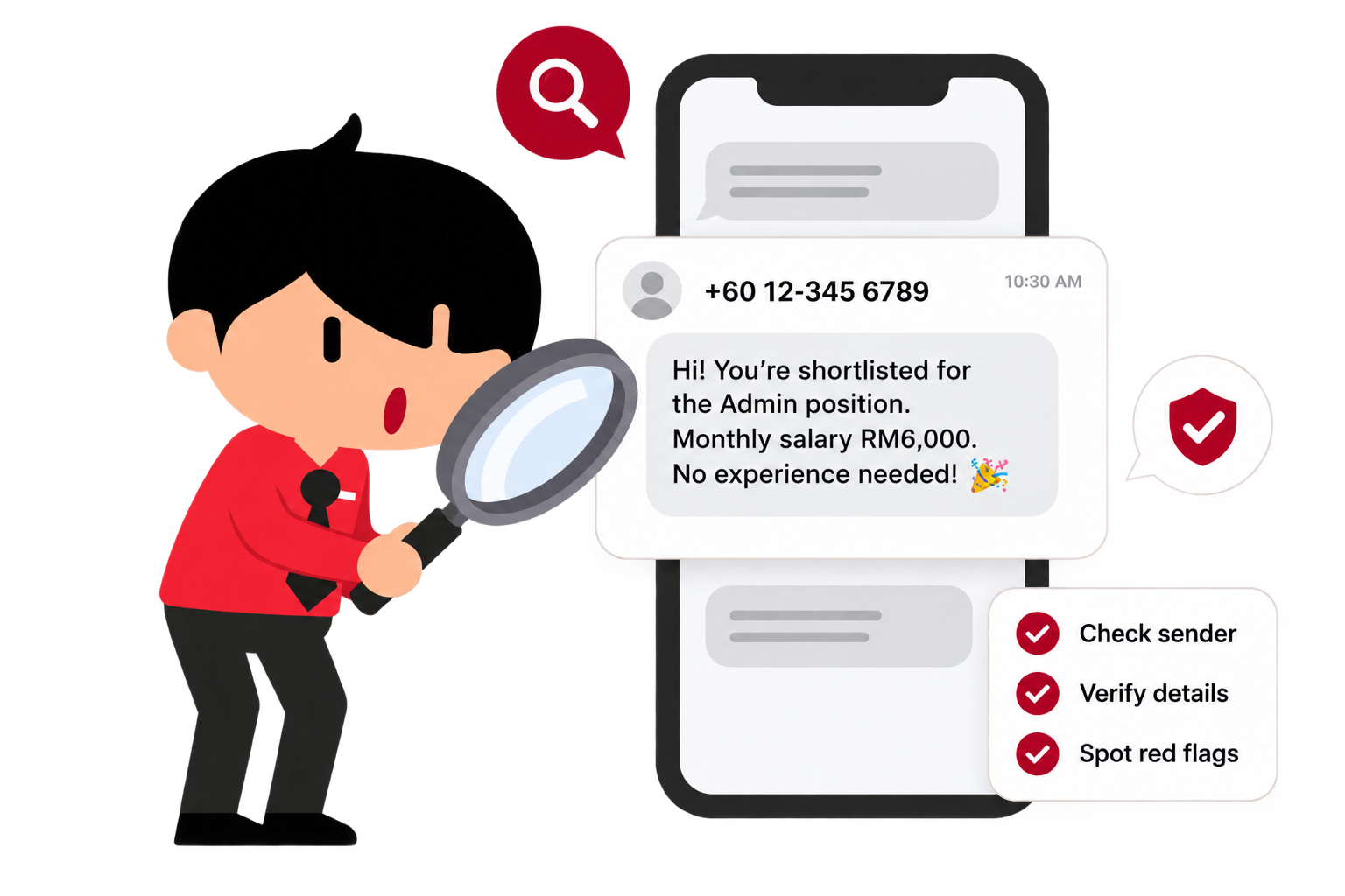 Illustration of a person inspecting a suspicious hiring message on a phone, with a checklist to check sender, verify details, and spot red flags